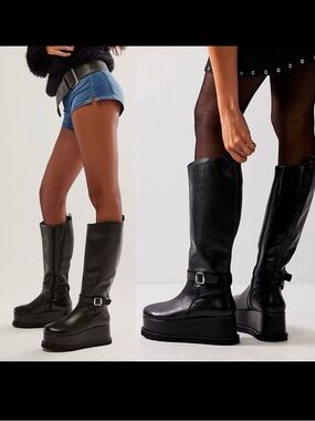 Free People Collection Not For Riding Platform Boots Tall Leather Buckle Black
